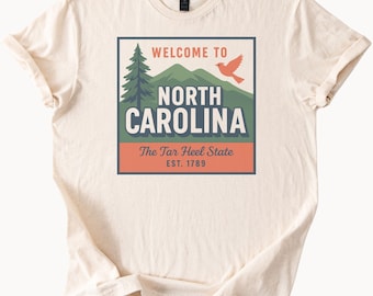 North Carolina Grafisch T-shirt Welkomstbord Teer Hak State Est 1789 Bergen Vogel Schilderachtig Natuur Souvenir State Pride Shirt