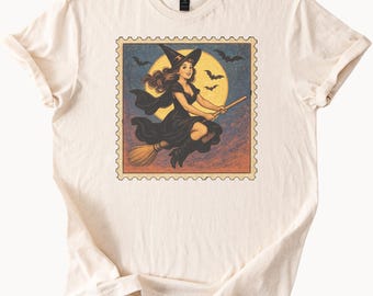 Halloween Witch Flying on Broomstick with Bats Full Moon Stamp Art Graphic T Shirt Retro Halloween Tee Witchy Shirt Gift for Her
