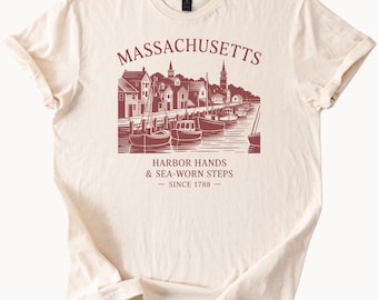 Massachusetts Harbor Town Graphic Tee Nautical Boats Coastal Scene Sea Worn Steps Maritime New England Shirt Massachusetts Gift Idea