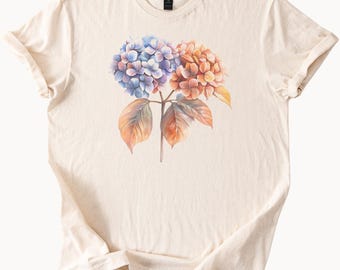 Hydrangea Floral Graphic T Shirt Watercolor Blue and Peach Flower Art Nature Botanical Tee Soft Cotton Shirt Gift for Her or Him