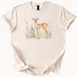 Cute Baby Deer Graphic T Shirt Woodland Fawn Forest Animal Nature Wildflower Tee Aesthetic Wildlife Lover Gift Soft Neutral Top