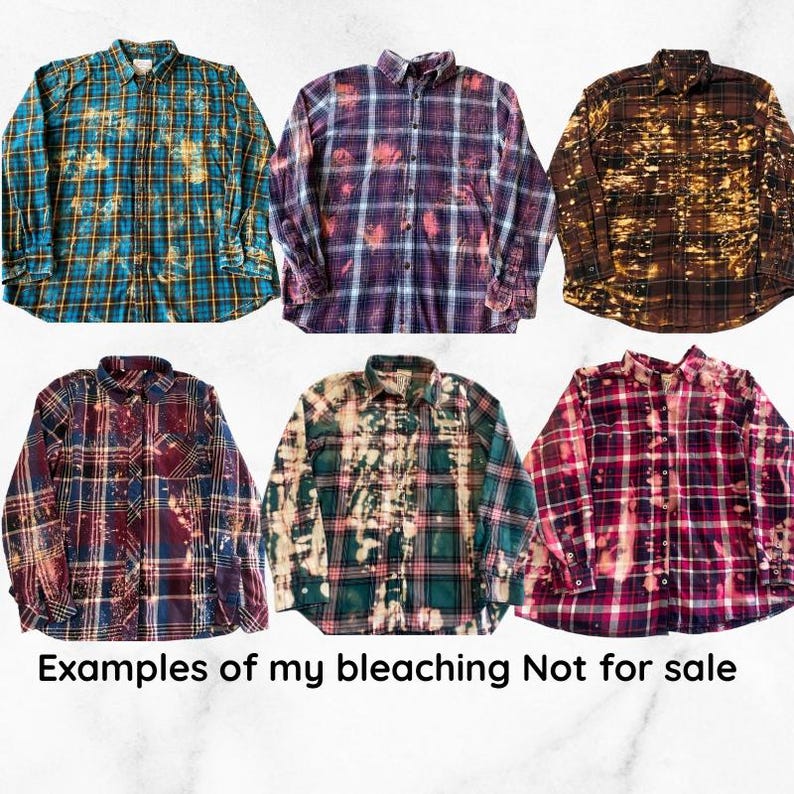 May include: Six different plaid shirts with various bleach designs. The shirts are all long-sleeved and have a button-down front. Examples of my bleaching. Not for sale.