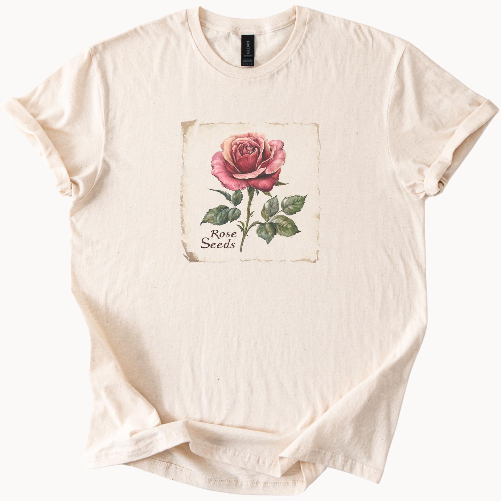 赤いバラの花のTシャツ、ボタニカルアートプリントTシャツ、ガーデン