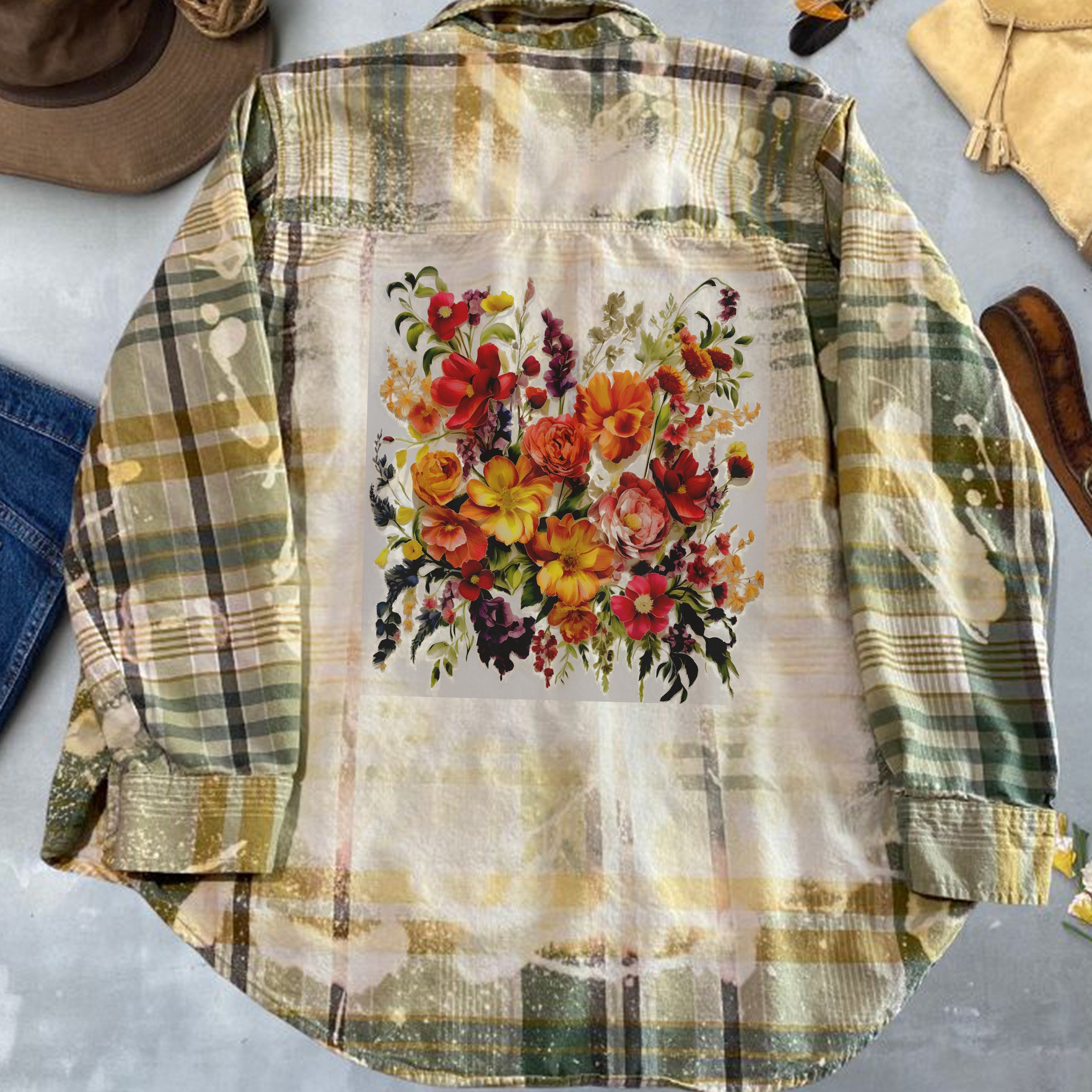 Pink Red Orange Flowers  Graphic On Bleached Flannel Shirt, custom made, reworked upcycled clothing, plaid long sleeve Boho shirt cute