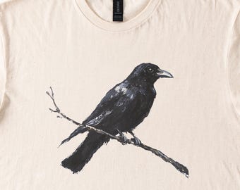Camiseta de cuervo negro, camiseta con gráfico de pájaro, regalo para amantes de la naturaleza, camiseta de cuervo con ambiente gótico