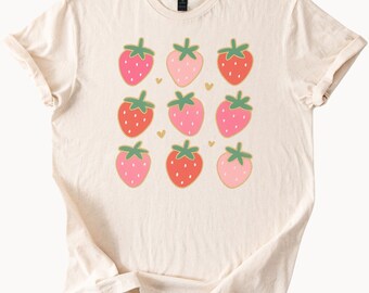 Cute pastel strawberry graphic t shirt with kawaii fruit print and hearts aesthetic soft style summer tee for women or teen girls