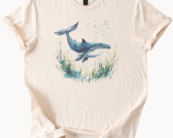 Blue Whale Ocean Graphic T Shirt Watercolor Sea Life Art Tee Marine Animal Nature Lover Shirt Ocean Scene Whale Illustration Shirt