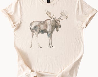 水彩ヘラジカグラフィックTシャツ、素朴な動物アートシャツ、自然野生