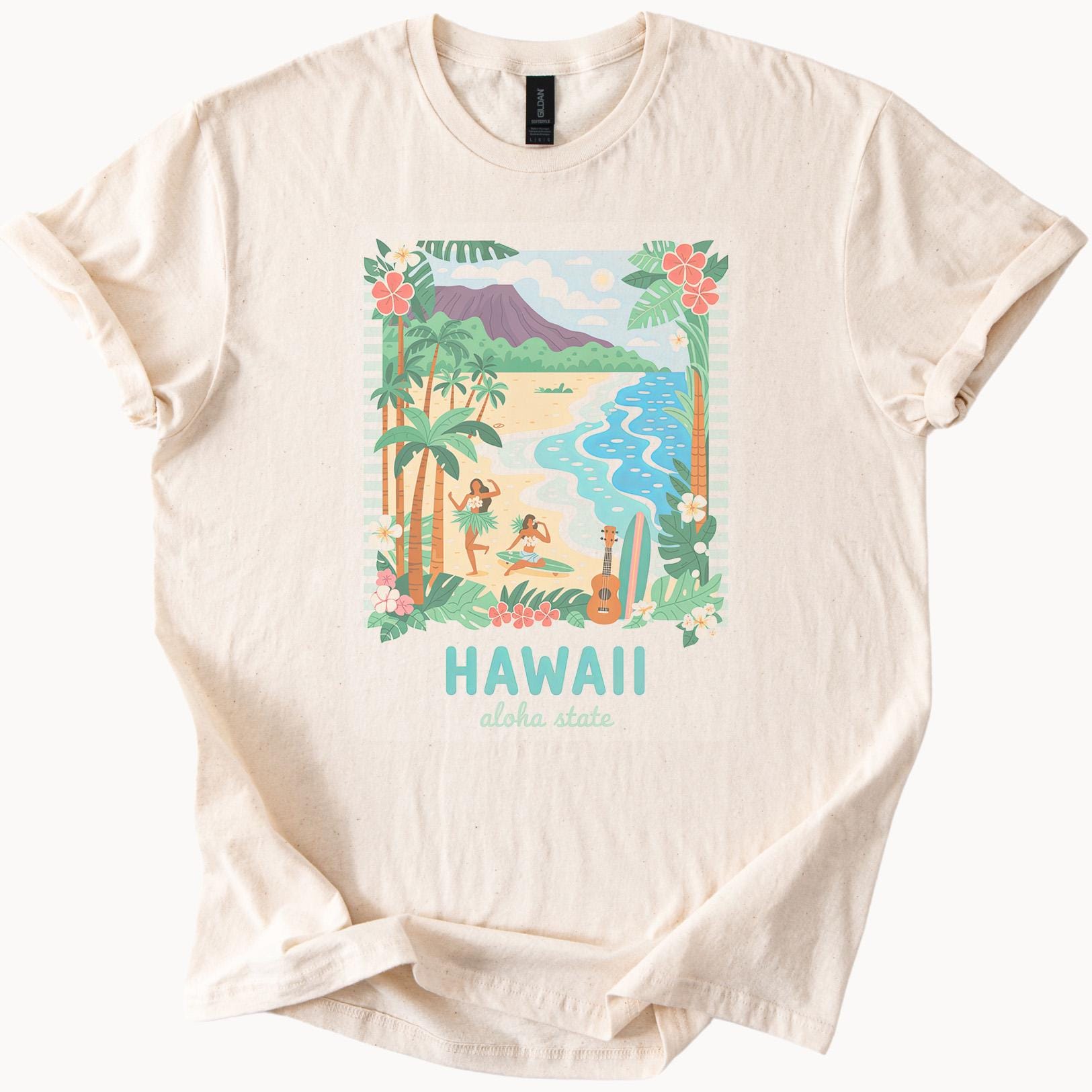 Hawaii Aloha State Graphic T Shirt Beach Scene Palm Trees Hula 
