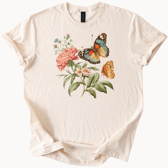 Vintage Butterfly Floral T-Shirt, Nature Inspired Graphic Tee, Botanical Butterfly Print Shirt, Casual Summer Outfit, Gift for Nature Lovers