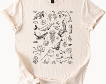 Ocean Sea Life Graphic Tee Sea Turtle Whale Shark Dolphin Jellyfish Octopus Coral Reef Nature Lover Shirt Beach Wildlife Shirt