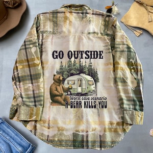 Bleached Flannel Shirt Nature outdoor Theme Hiking Camping Graphic Shirt Funny For Outdoor Lover, Plaid Button up Flannel Shirt Unisex