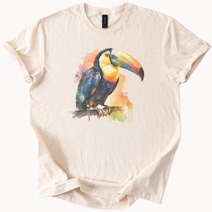 Buntes Tukan-Aquarell-Kunst-Grafik-T-Shirt Tropischer Vogel-Natur-Tier-T-Stück Einzigartiges künstlerisches Tierbekleidung-Geschenk für Vogel-Liebhaber