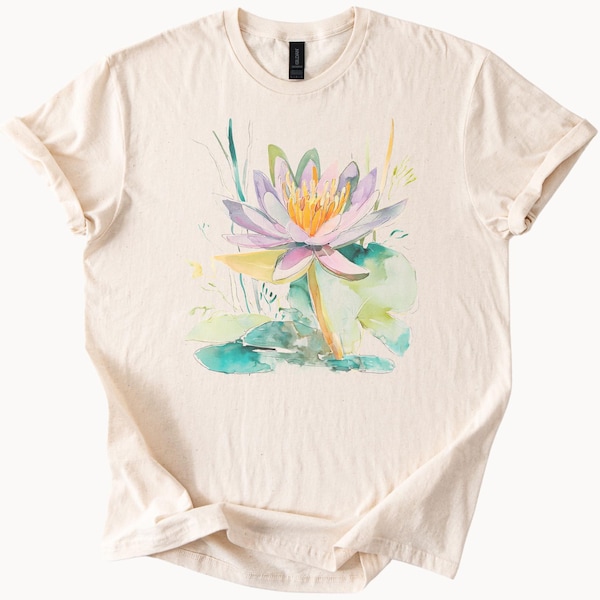Watercolor Lotus Flower Graphic T Shirt Pastel Water Lily Artistic Natural Floral Shirt Botanical Art Print Lily Pad Tee Design