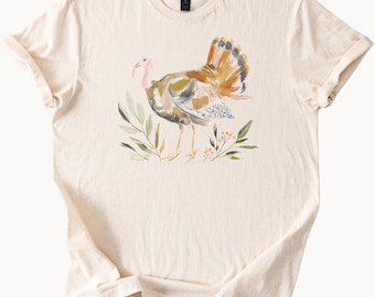 Watercolor Turkey Graphic Shirt Fall Thanksgiving Bird Floral Leaves Nature Art Tee Wildlife Animal Illustration Soft Cotton Top