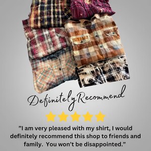 May include: A stack of five plaid flannel shirts in various colors, including black, brown, red, and blue. The shirts are all distressed and have a vintage look. The text "Definitely Recommend" is written in black cursive on a white background below the shirts. Five gold stars are below the text. The text "I am very pleased with my shirt, I would definitely recommend this shop to friends and family. You won't be disappointed." is written in black below the stars.