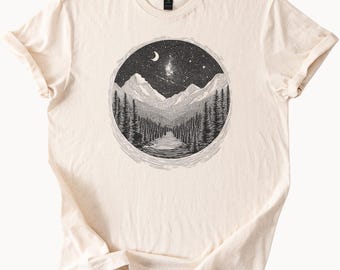 Mountain Night Sky T-Shirt Forest Scene Graphic Tee Starry Crescent Moon Shirt