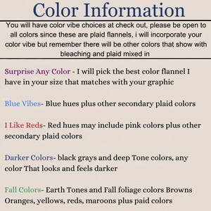 May include: Text on a beige background with the title "Color Information". The text explains that the buyer can choose from a variety of colours for a plaid flannel shirt. The buyer can choose from a variety of colour options, including "Surprise Any Colour", "Blue Vibes", "I Like Reds", "Darker Colours", and "Fall Colours".