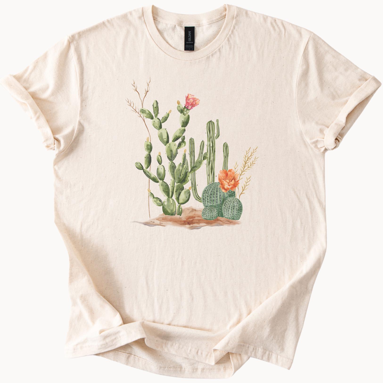 砂漠のサボテン園と咲き誇る花々を描いたグラフィックTシャツ、南西部