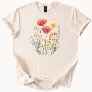 Wildflower Graphic T Shirt with Red Poppies Yellow Buttercups and Blue Flowers Nature Botanical Art Tee Floral Shirt Gift for Her
