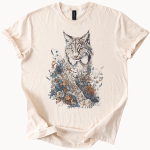 Bobcat Shirt Floral Forest Animal Graphic Tee Wild Lynx Surrounded by Rustic Flowers Nature Lover Gift Earthy Woodland Shirt