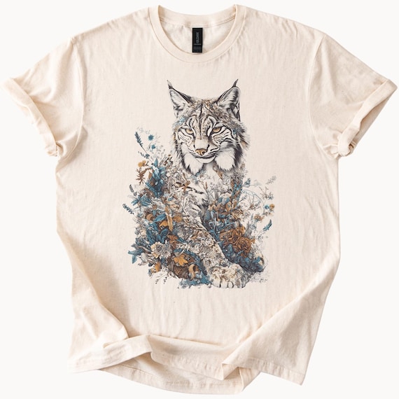 Bobcat Shirt Floral Forest Animal Graphic Tee Wild Lynx Surrounded by Rustic Flowers Nature Lover Gift Earthy Woodland Shirt
