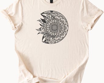 Boho Sun Moon Mandala T Shirt Celestial Graphic Tee Spiritual Yoga Shirt