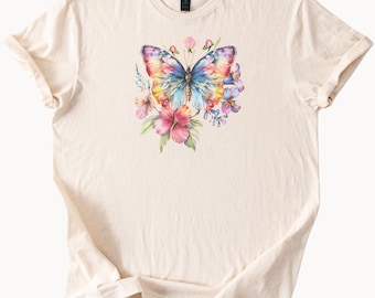 Watercolor Butterfly Flowers TShirt Colorful Floral Graphic Tee Nature Lover Gift Spring Summer Fashion Top