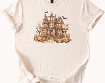 Halloween Haunted House T Shirt with Pumpkins and Bats Spooky Fall Graphic Tee Halloween Shirt for Pumpkin Lovers Ghost Mansion Top