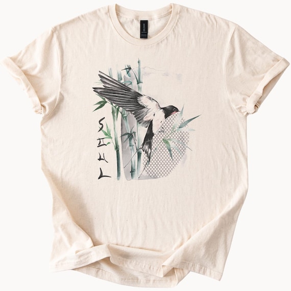 Jaskka ptak latajcy z bambusem i pdzlem akwarelowym w stylu azjatycka  sztuka natura grafika t-shirt na zewntrz dzika przyroda prezent dla  mionikw ptakw - Etsy Polska