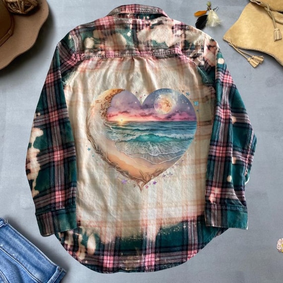 Bleached Plaid Flannel Shirt With Dreamy Heart Shaped Ocean Sunset