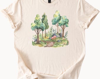 Camiseta de sendero forestal caprichoso con árboles de acuarela, setas y rocas, camiseta de arte natural, gráfico de camino de bosque, estética de senderismo al aire libre