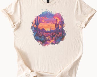Wüstensonnenuntergang-T-Shirt mit Saguaro-Kaktus-Motiv