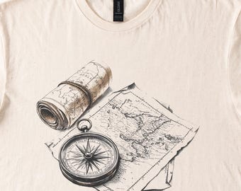 Beige T-shirt kompaskaart: avontuur wacht op reizen Wanderlust Tee Explorer-cadeau