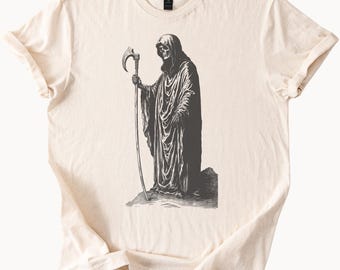 Grim Reaper Skeleton Graphic T Shirt Dark Gothic Death Scythe Skull Art Horror Halloween Shirt Skeleton Reaper Shirt Unique Gift