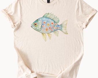 Camiseta con gráfico de peces florales, camiseta acuática caprichosa, regalo para amantes de la naturaleza, camiseta de arte oceánico, diseño único de peces