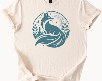 Fox Graphic T Shirt Forest Nature Shirt Fox Sitting Woodland Animal Tee Celestial Moon Sun Scene Soft Cotton Shirt for Women and Men