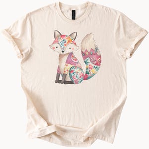 blommig lapptäcke räv grafisk t-shirt pastell djurdesign söt skogskonst t-shirt present till henne honom