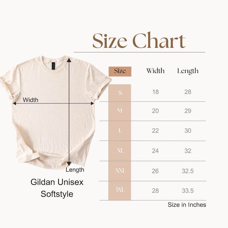 May include: Size chart for Gildan Unisex Softstyle t-shirts, showing width and length measurements in inches for sizes S, M, L, XL, XXL, and 3XL.