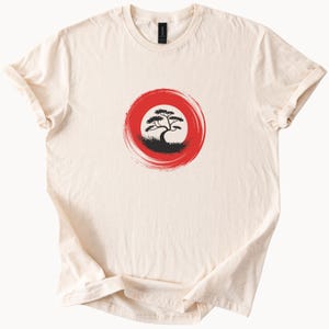 Japanese Red Sun Tree Zen Circle Graphic Nature Art Tee Spiritual Boho Tree Shirt Minimalist Nature T Shirt Meditative Design