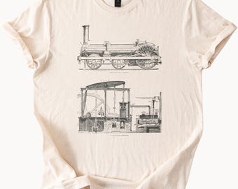 Camiseta gráfica con diagrama de locomotora y motor de vapor, historia del ferrocarril, ropa, revolución industrial, ciencia, dibujo, arte, década de 1800