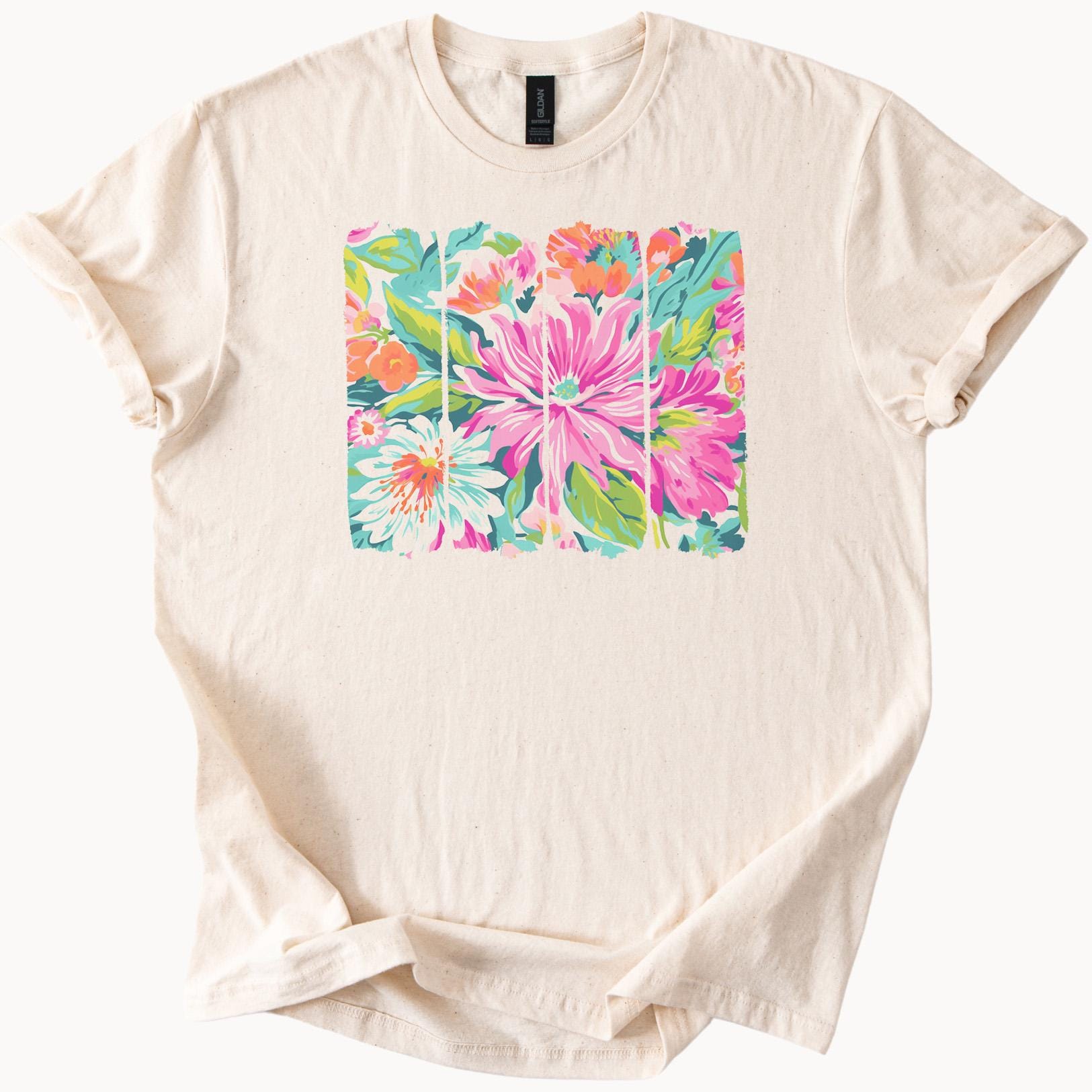 花柄グラフィックTシャツ、カラフルな花柄シャツ、ボタニカルプリント