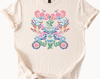 Floral Folk Art T Shirt Colorful Boho Flower Graphic Tee Scandinavian Inspired Botanical Shirt Spring Summer Nature Gift Shirt