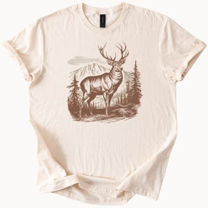 Majestic Buck TShirt Antlered Deer Mountain Scene Graphic Tee Nature Lover Gift Outdoorsman Shirt