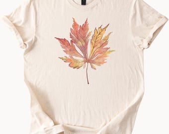 Autumn Maple Leaf Watercolor Graphic T Shirt Fall Leaf Nature Inspired Artistic Tee Shirt for Fall Outfit Botanical Art Shirt