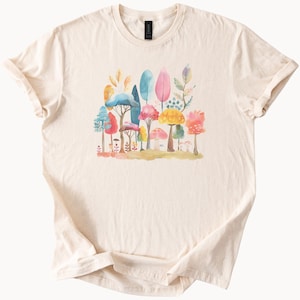 Whimsical Watercolor Forest Shirt Colorful Mushroom and Tree Graphic Tee Nature Inspired Woodland Art Shirt for Women or Men