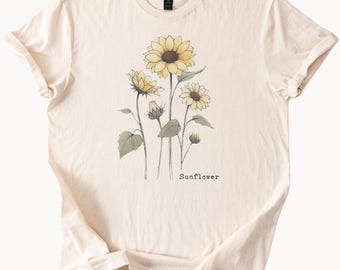 Camiseta con estampado de girasoles, arte floral botánico, ilustración natural, atuendo informal de verano, ropa para amantes del sol, camiseta estética suave