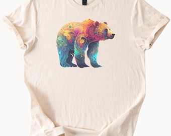 Vibrant Psychedelic Bear Shirt Colorful Animal Graphic Tee Unique Artistic Grizzly Brown Bear Design Short Sleeve T Shirt Gift Idea