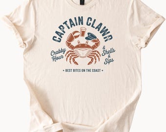 Captain Clawr Crab Graphic T Shirt Crabby Hour Shells and Sips Coastal Seafood Nautical Beach Shirt Funny Ocean Lover Gift