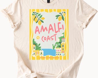 Koszulka z grafiką "Wybrzeże Amalfi" z motywem cytryny i Włoch, letnia włoska riwiera, podróże, sztuka, życie, La Dolce Vita, kolorowa, plażowa koszulka
